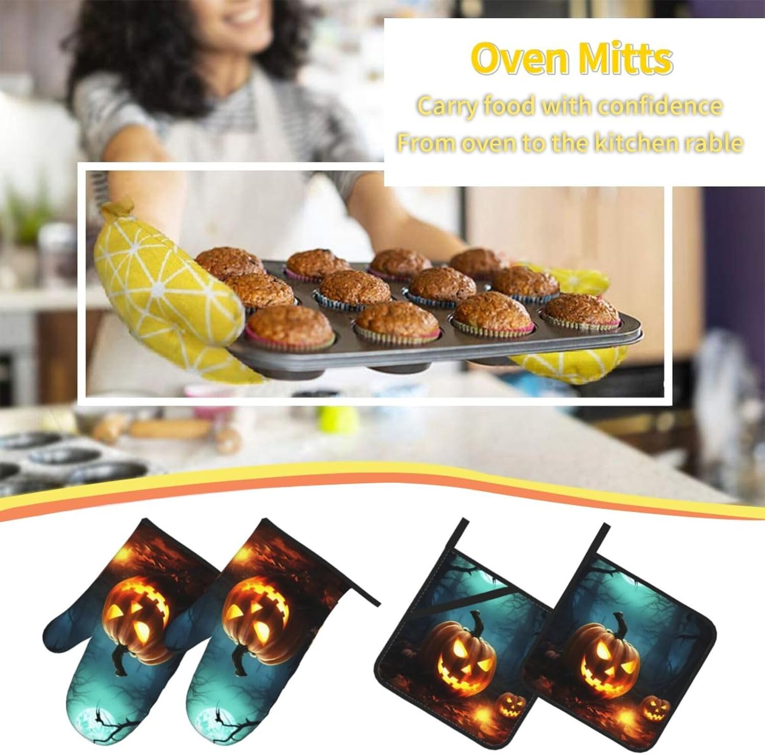 Happy Halloween Pumpkins Oven Mitts 4-Piece Set
