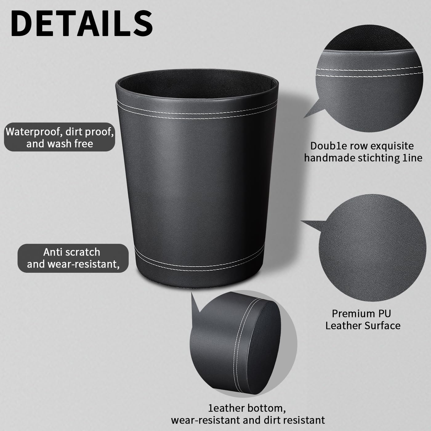3 Pack Black Round PU Leather Wastebaskets for Home Office