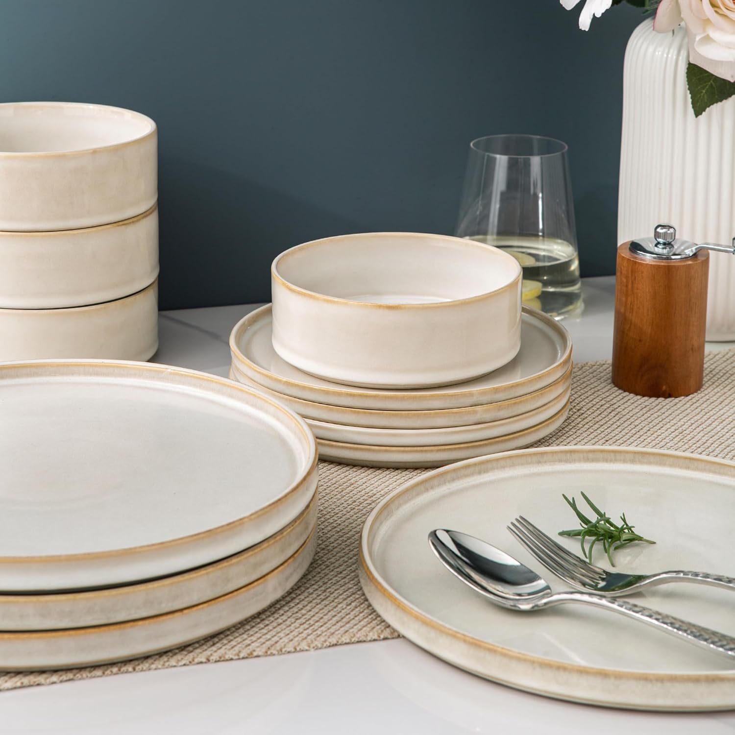 AmorArc Ceramic Dinnerware Set for 4 Unique Glazed Plates and Bowls