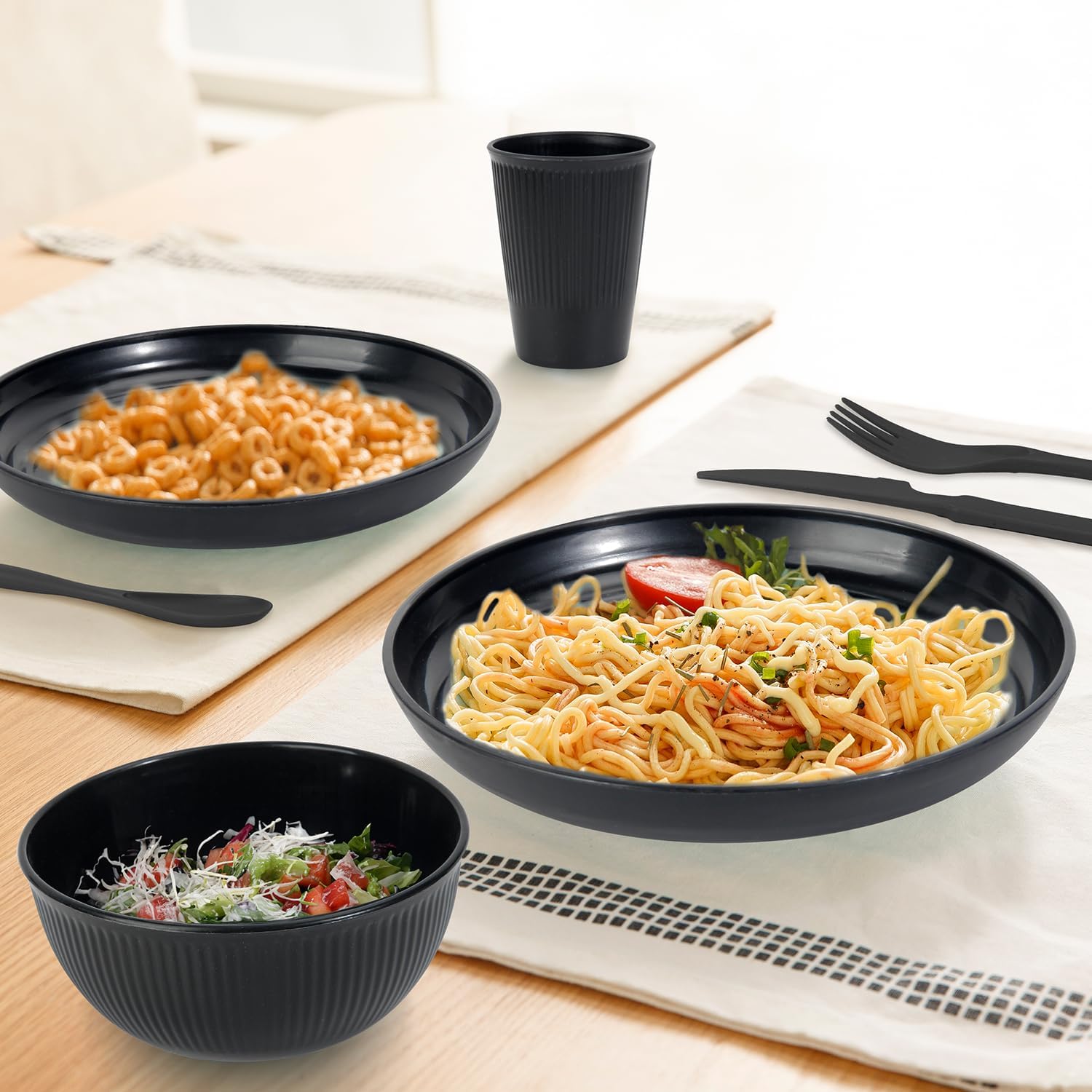 LAERJIN 56 Piece Wheat Straw Dinnerware Set Unbreakable Eco-Friendly Black
