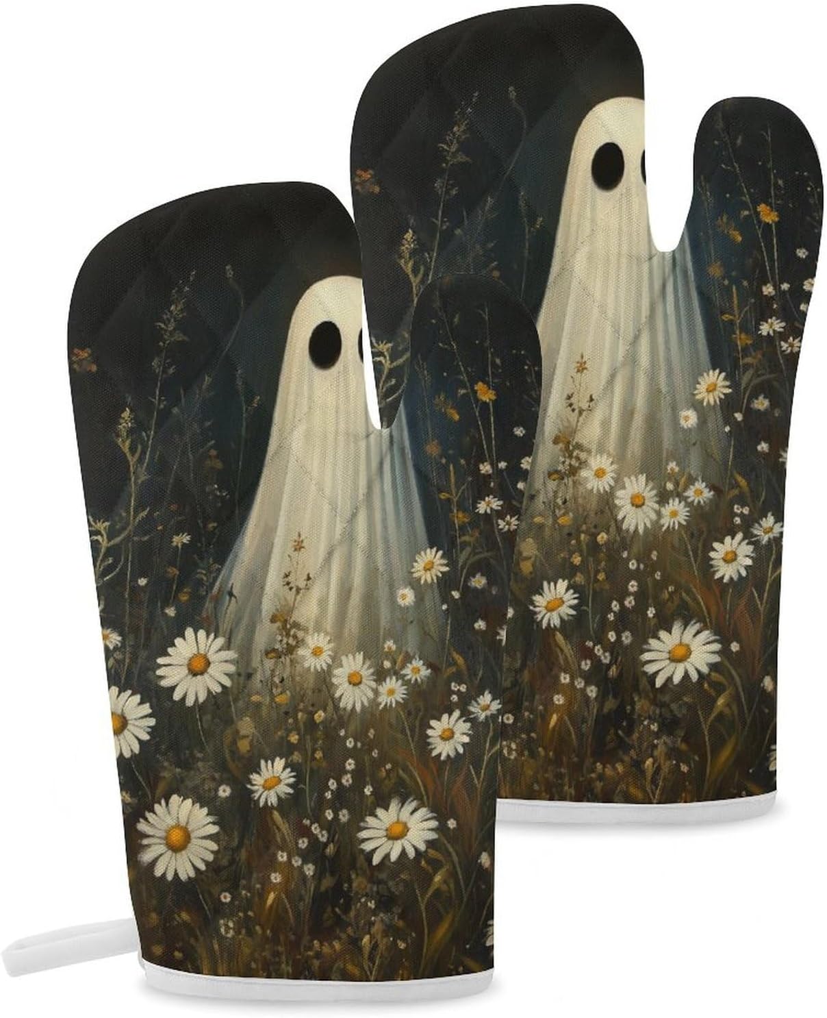 Halloween Ghost Print Oven Mitts 2 Pcs - Gothic Heat Resistant