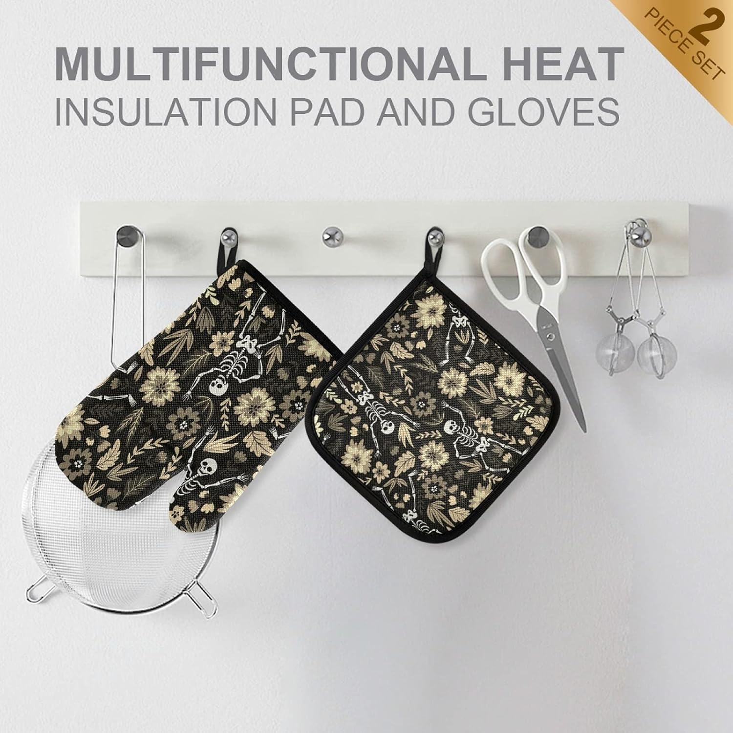 Poeticcity Halloween Sugar Skull Oven Mitts Set Heat Resistant Kitchen Gloves and Potholders