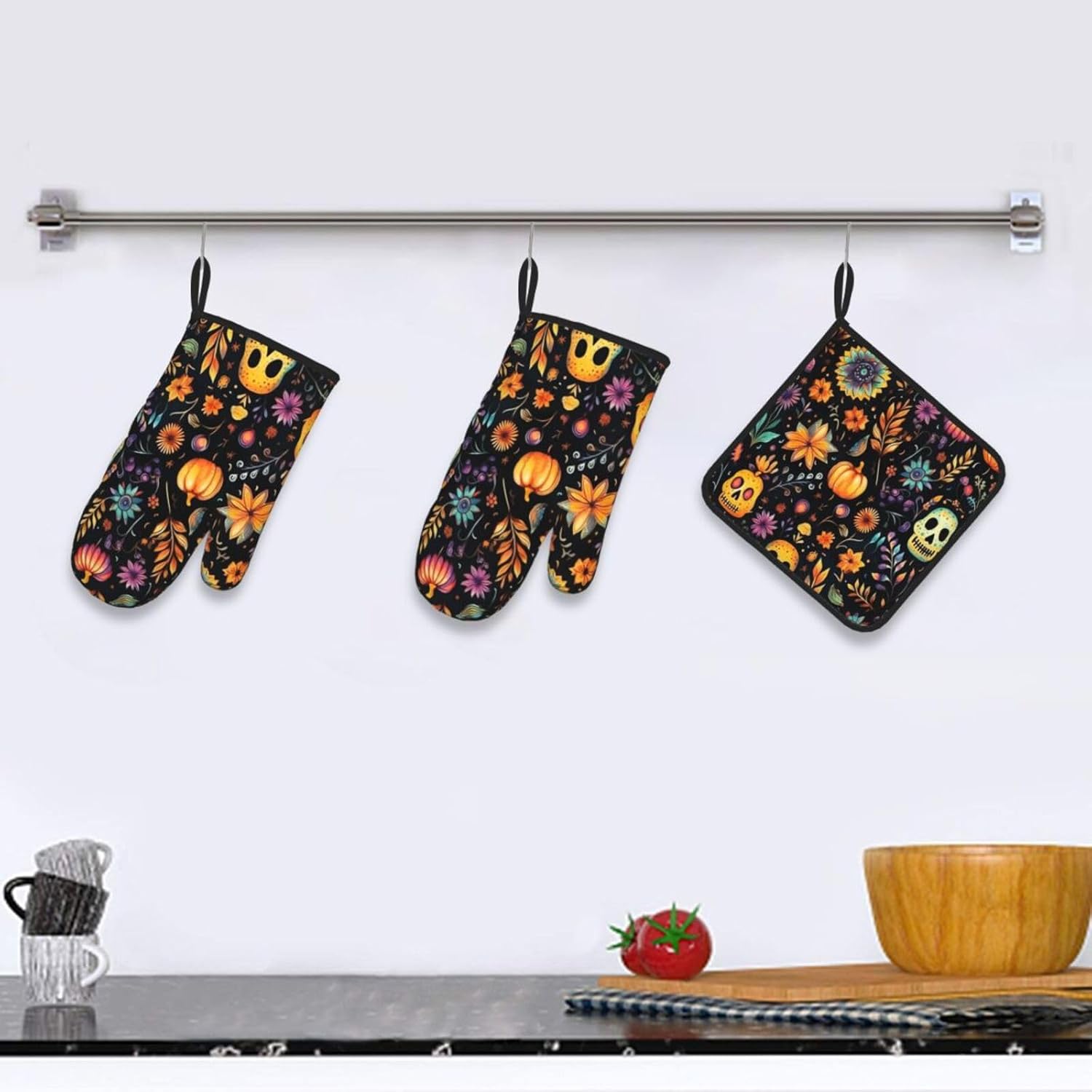 Beubebim Halloween Skull Oven Mitts Set of 3 1