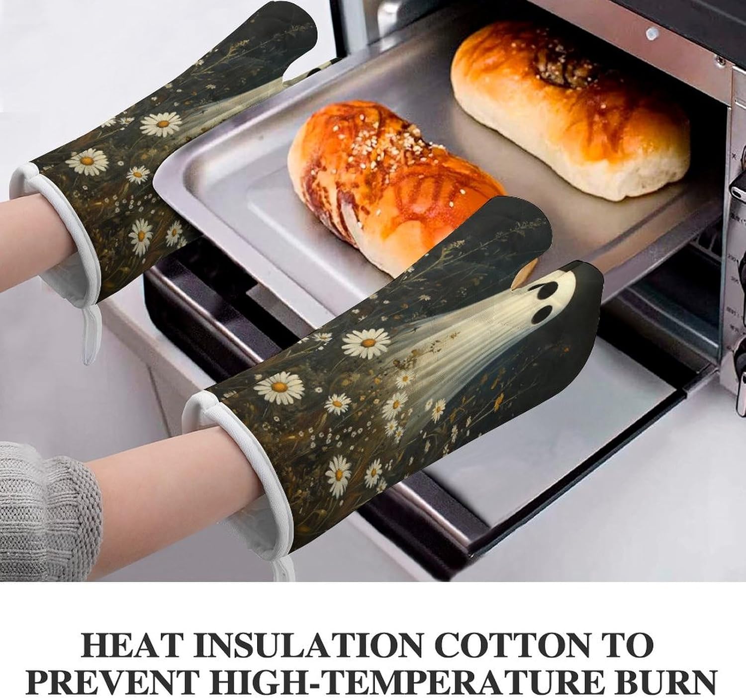 Halloween Ghost Print Oven Mitts 2 Pcs - Gothic Heat Resistant