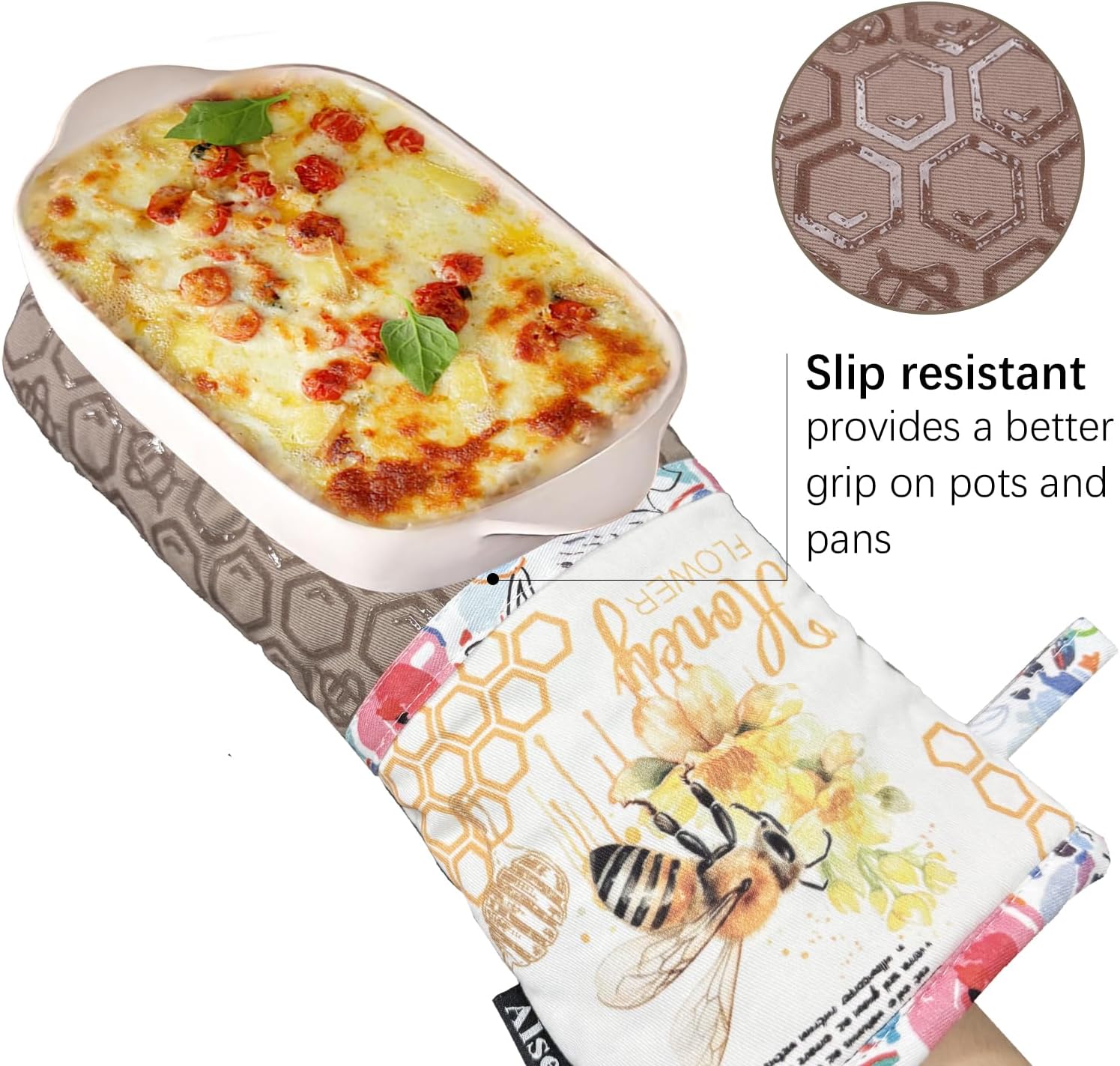 Alselo Oven Mitts Set of 2 with Soft Cotton Lining Khaki Bee Design