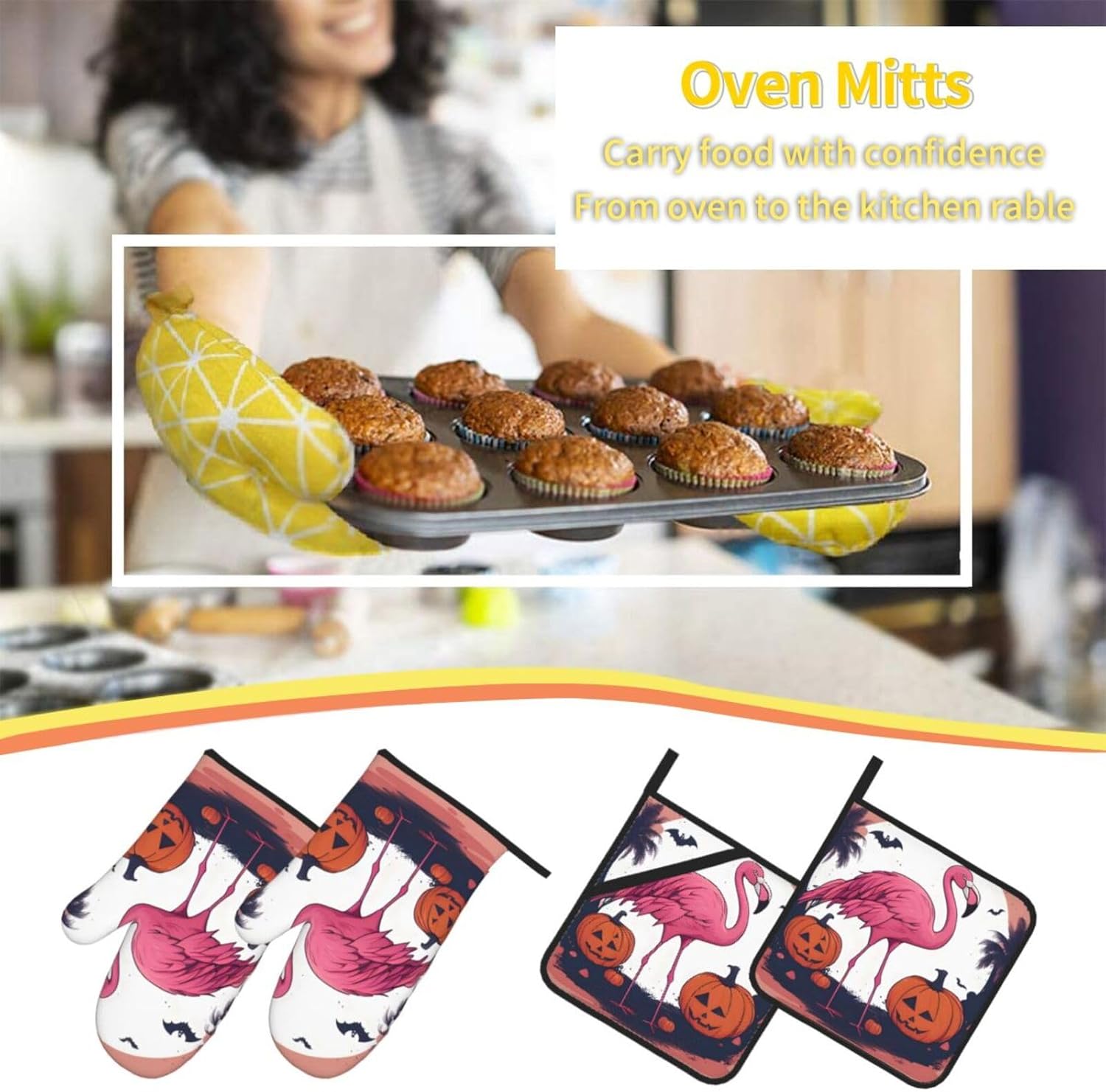 Oven Mitts Set of 4 with Flamingo Print