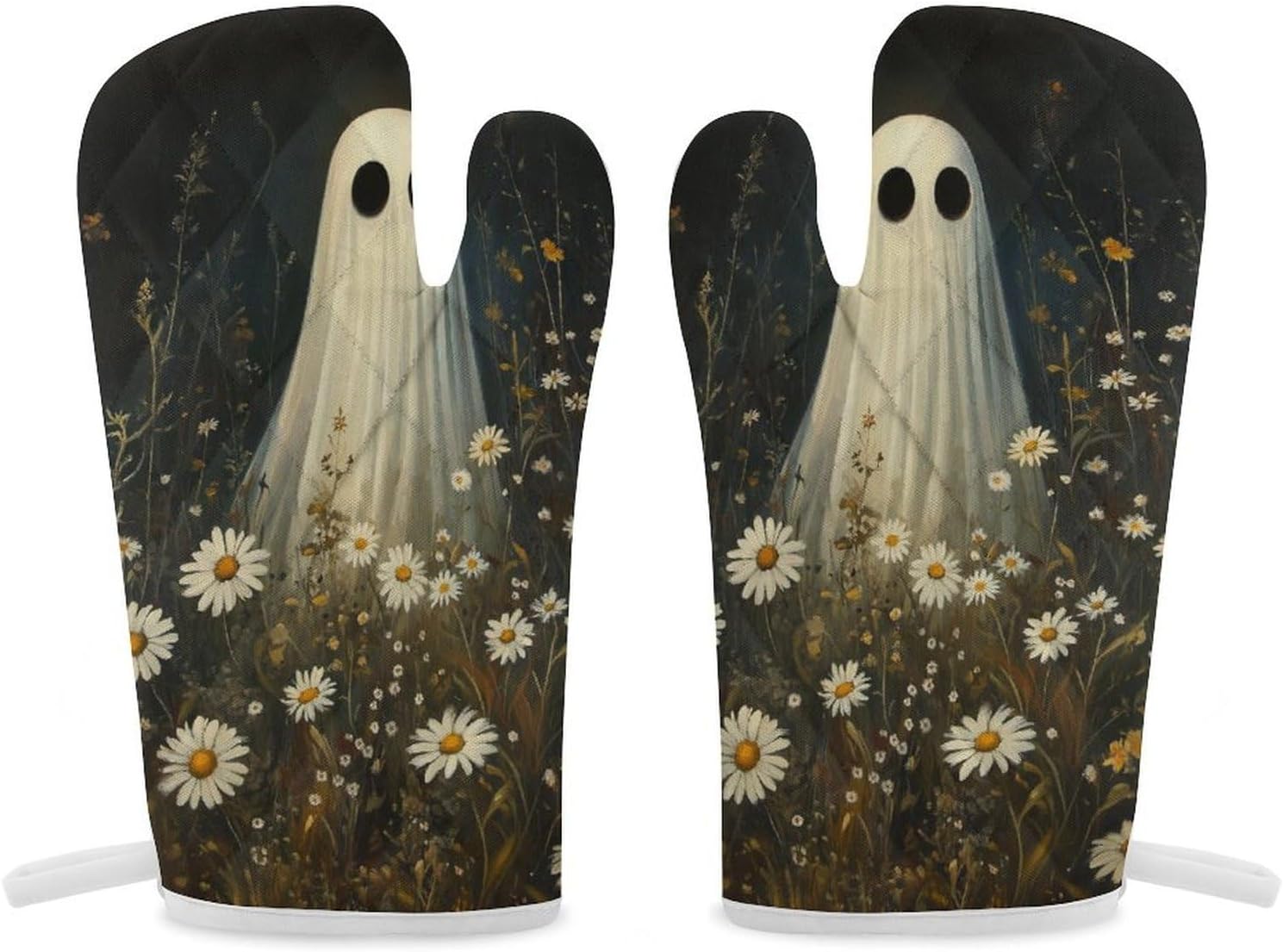 Halloween Ghost Print Oven Mitts 2 Pcs - Gothic Heat Resistant