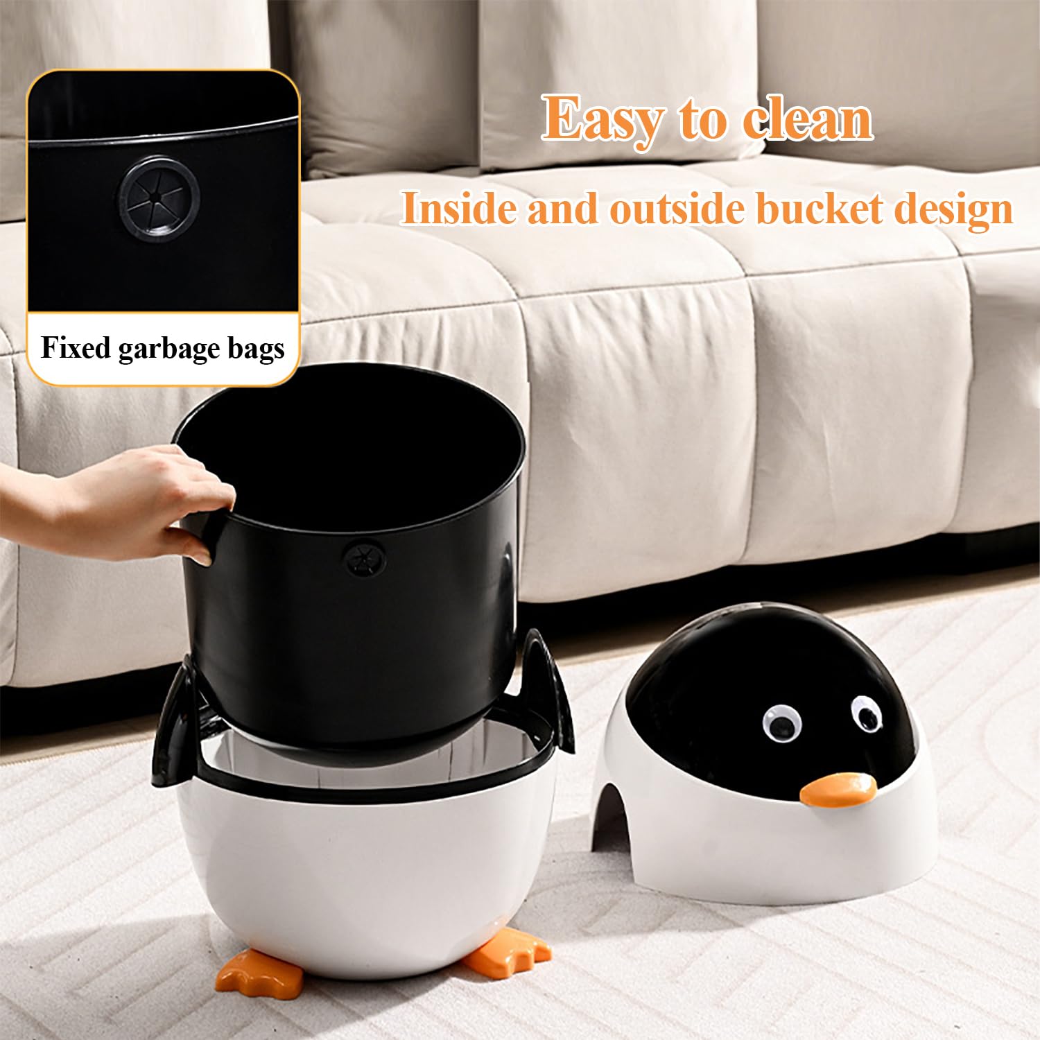 Cute Penguin Plastic Trash Can with Lid for Home Office Kitchen