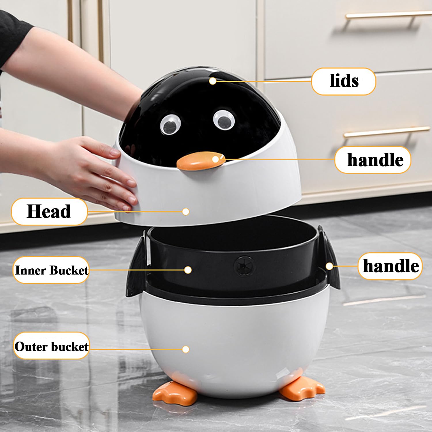 Cute Penguin Plastic Trash Can with Lid for Home Office Kitchen