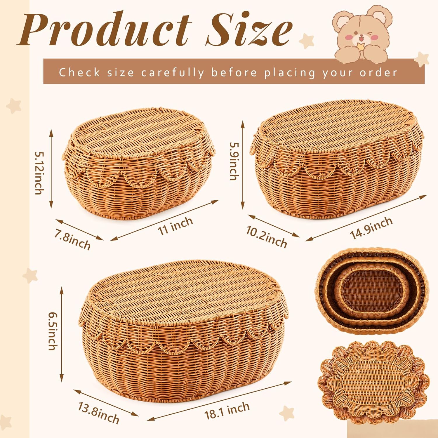 Juexica 3 Pcs Scalloped Wicker Storage Basket Set 1