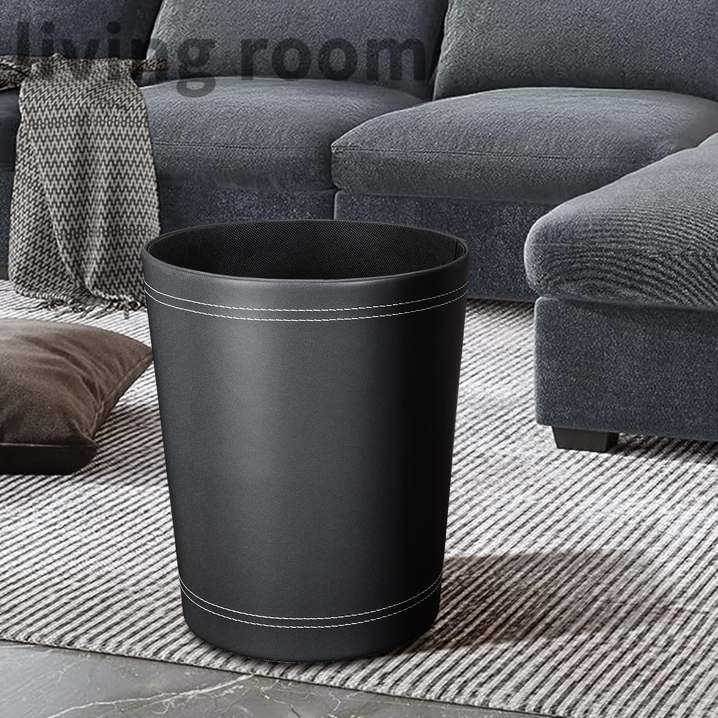 3 Pack Black Round PU Leather Wastebaskets for Home Office