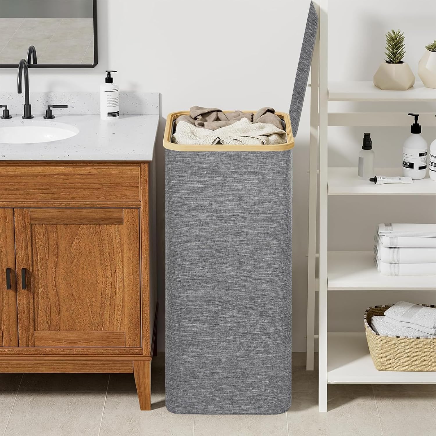 Chrislley 100L Laundry Basket with Foldable Lid and Bamboo Handle