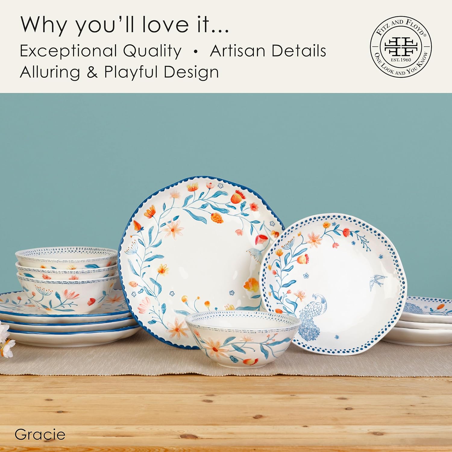 Fitz and Floyd Gracie Floral 12-Piece Dinnerware Set