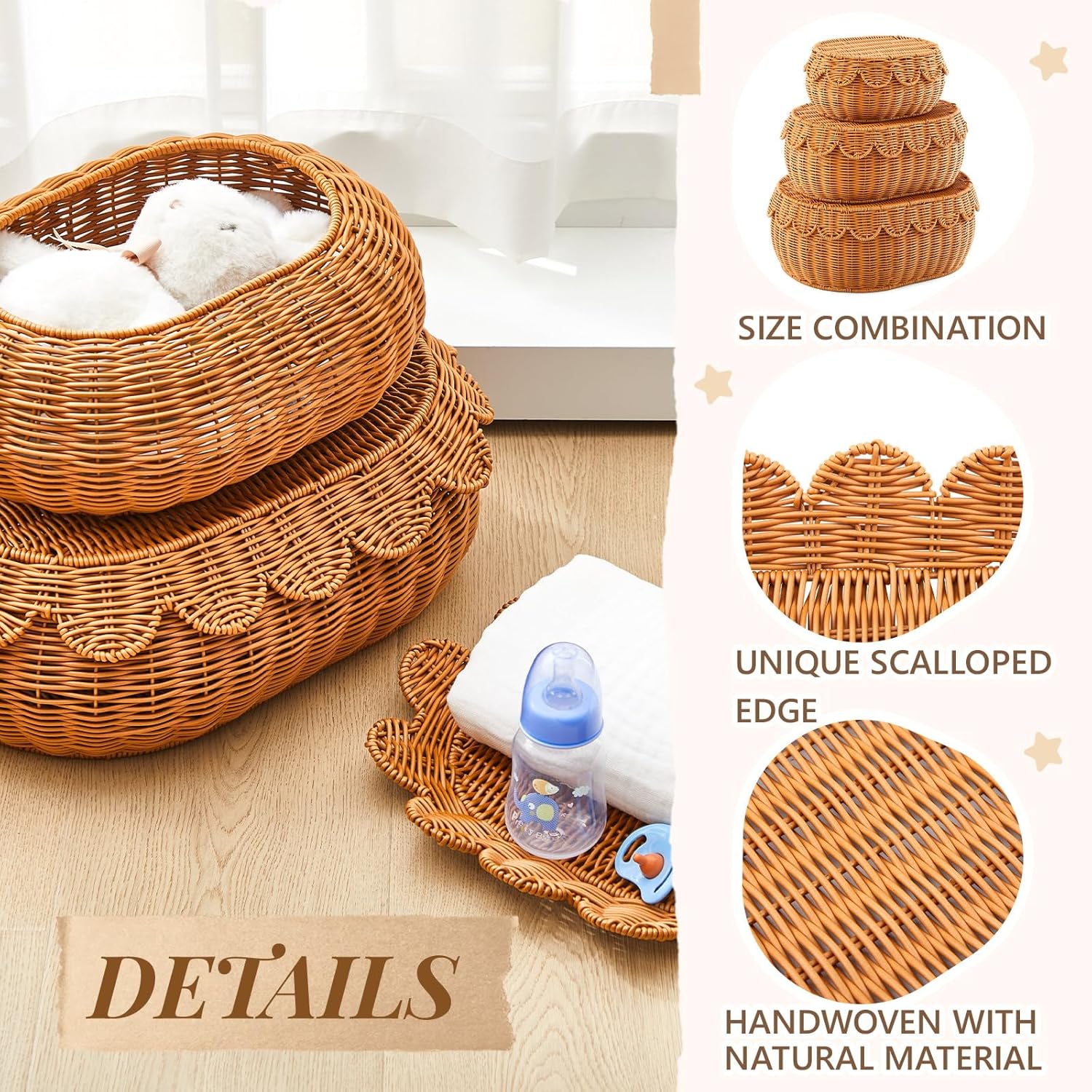 Juexica 3 Pcs Scalloped Wicker Storage Basket Set 1