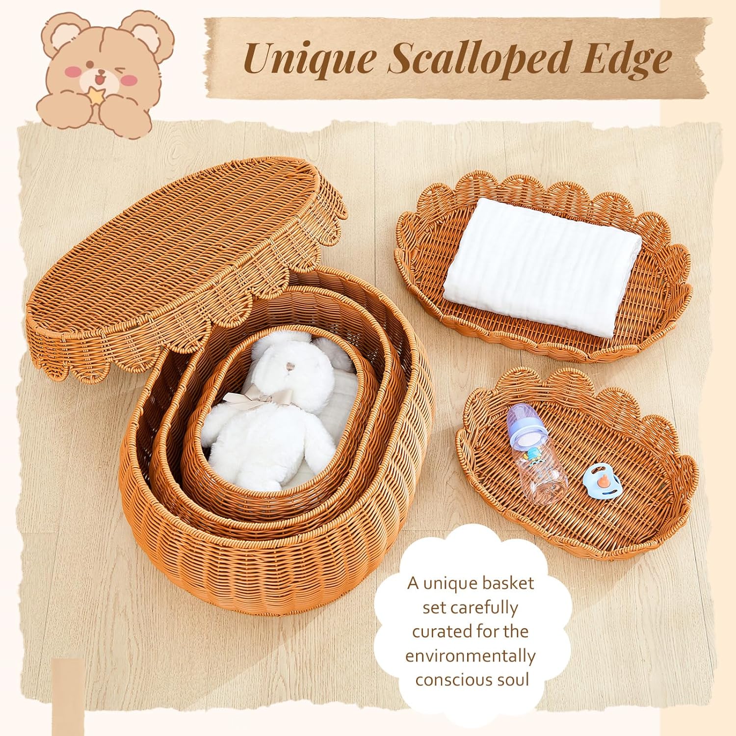 Juexica 3 Pcs Scalloped Wicker Storage Basket Set 1