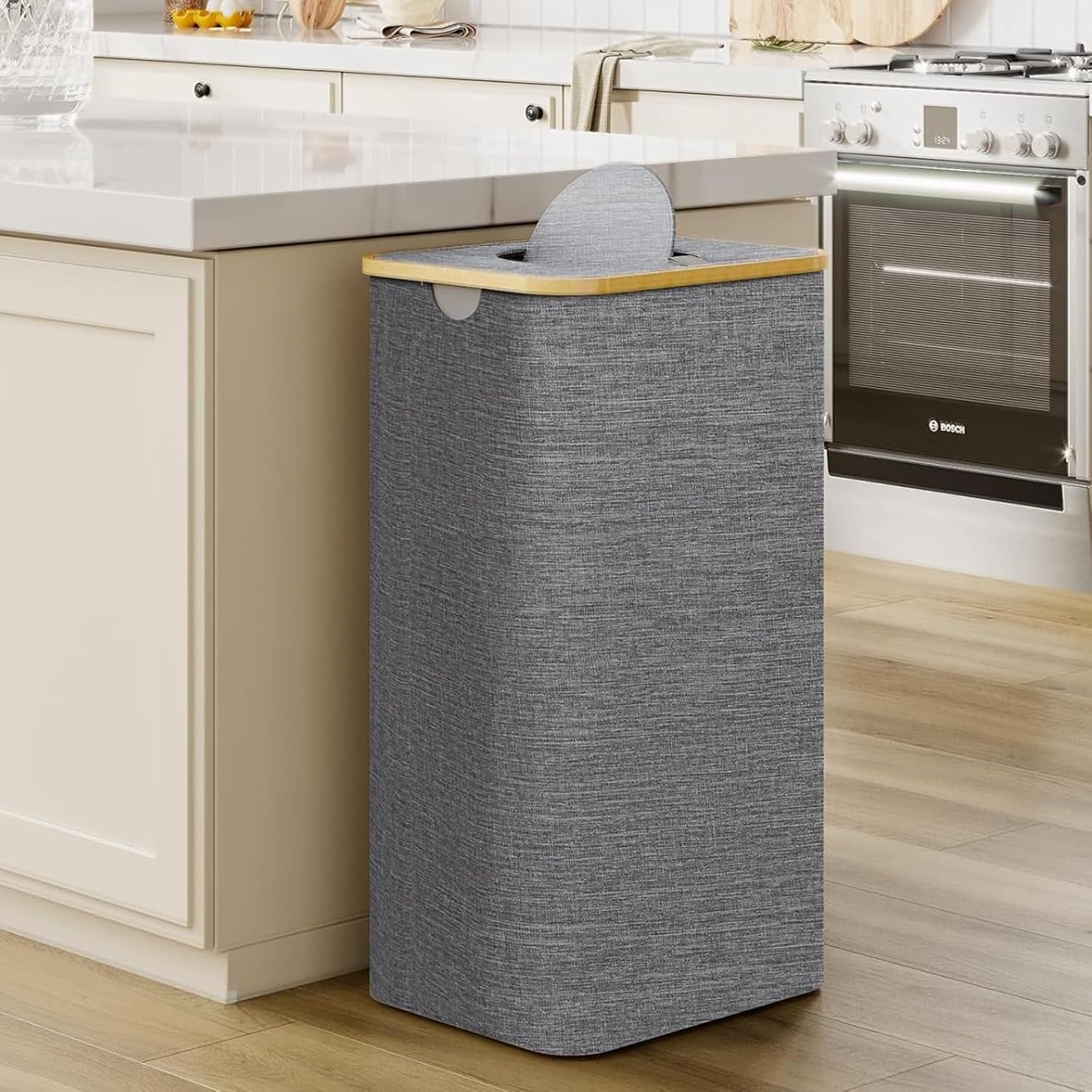 Chrislley 100L Laundry Basket with Foldable Lid and Bamboo Handle