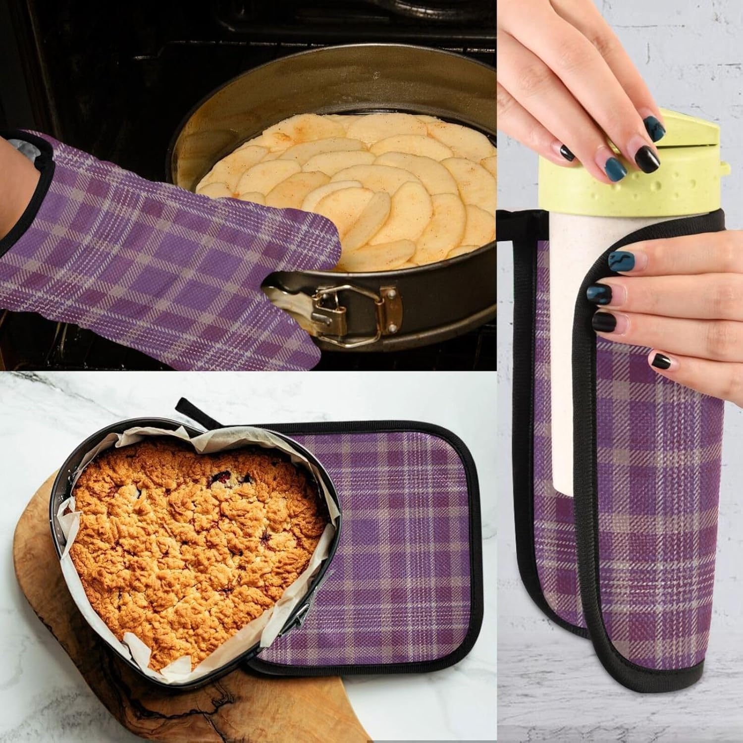 Gkseojer Purple Plaid Oven Mitts and Pot Holders Set 1