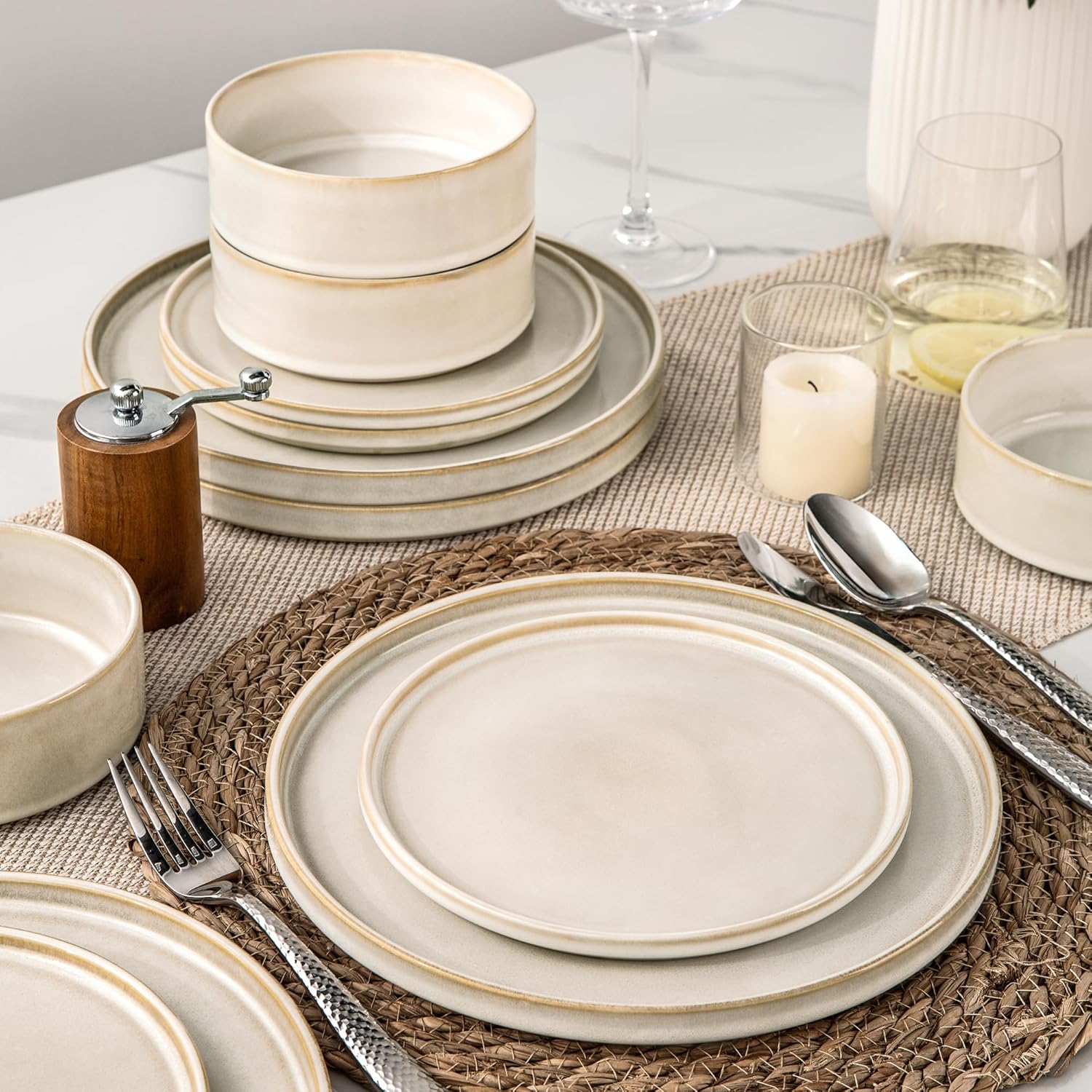 AmorArc Ceramic Dinnerware Set for 4 Unique Glazed Plates and Bowls