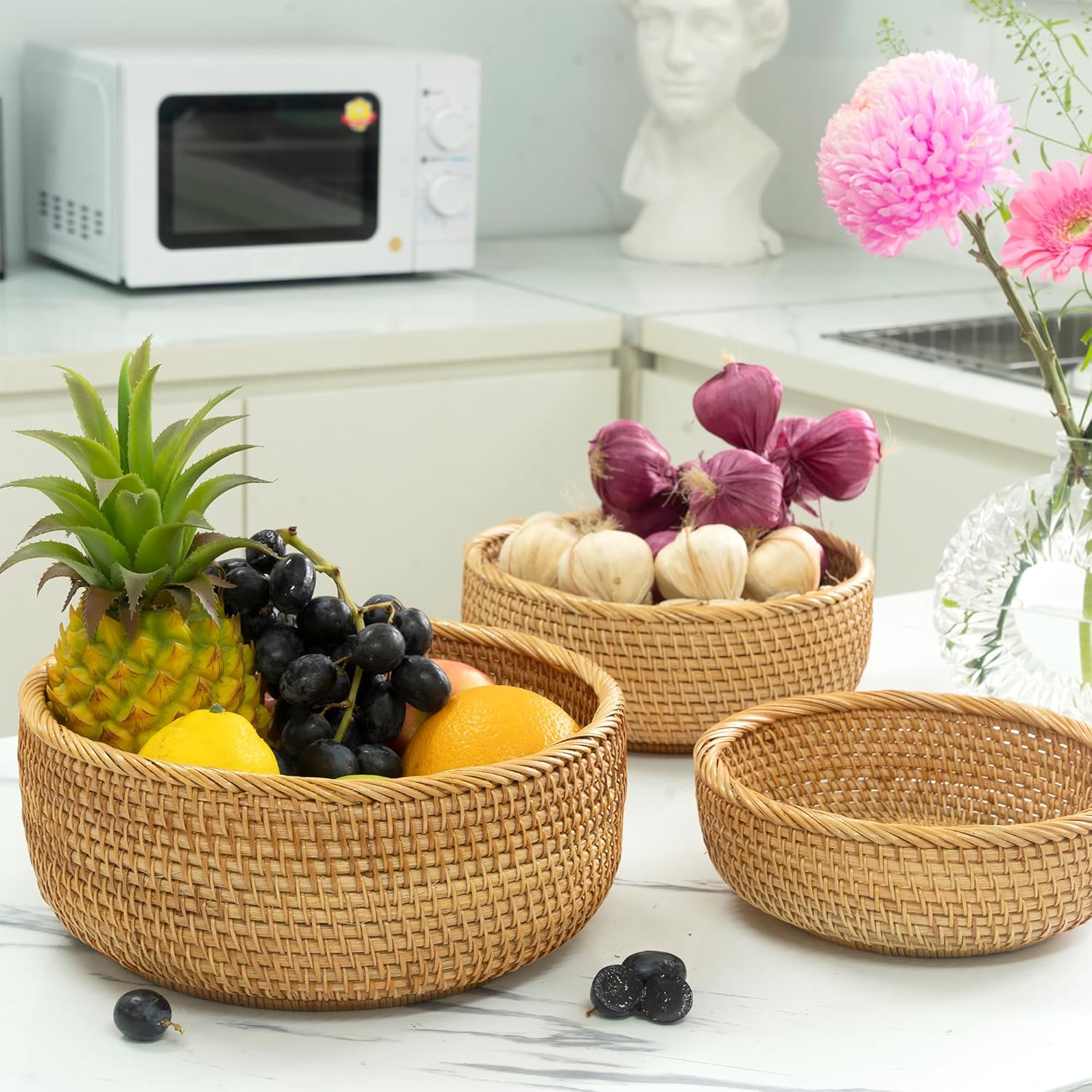 CLAYNIX Set of 3 Stackable Rattan Fruit Baskets