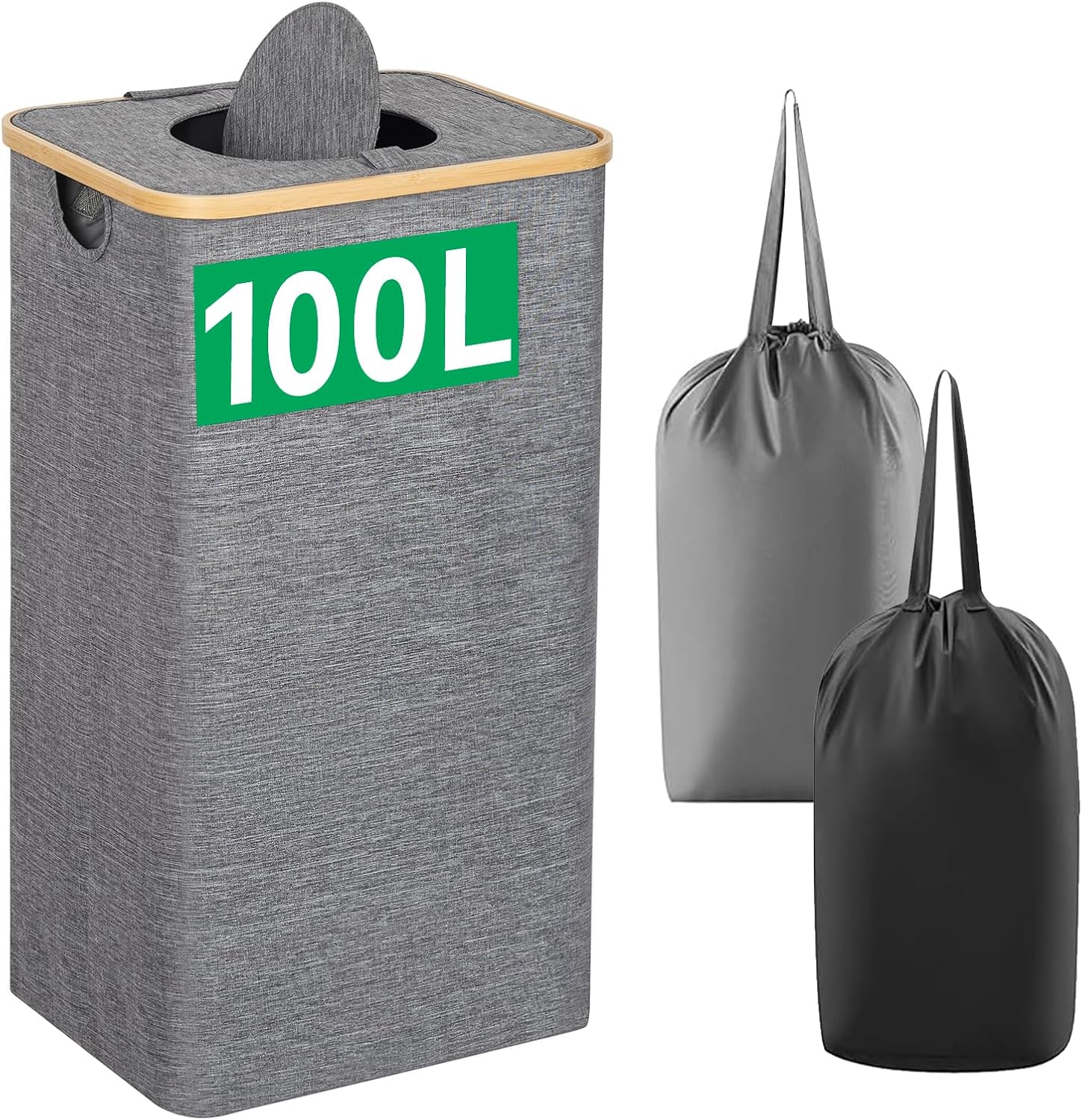Chrislley 100L Laundry Basket with Foldable Lid and Bamboo Handle