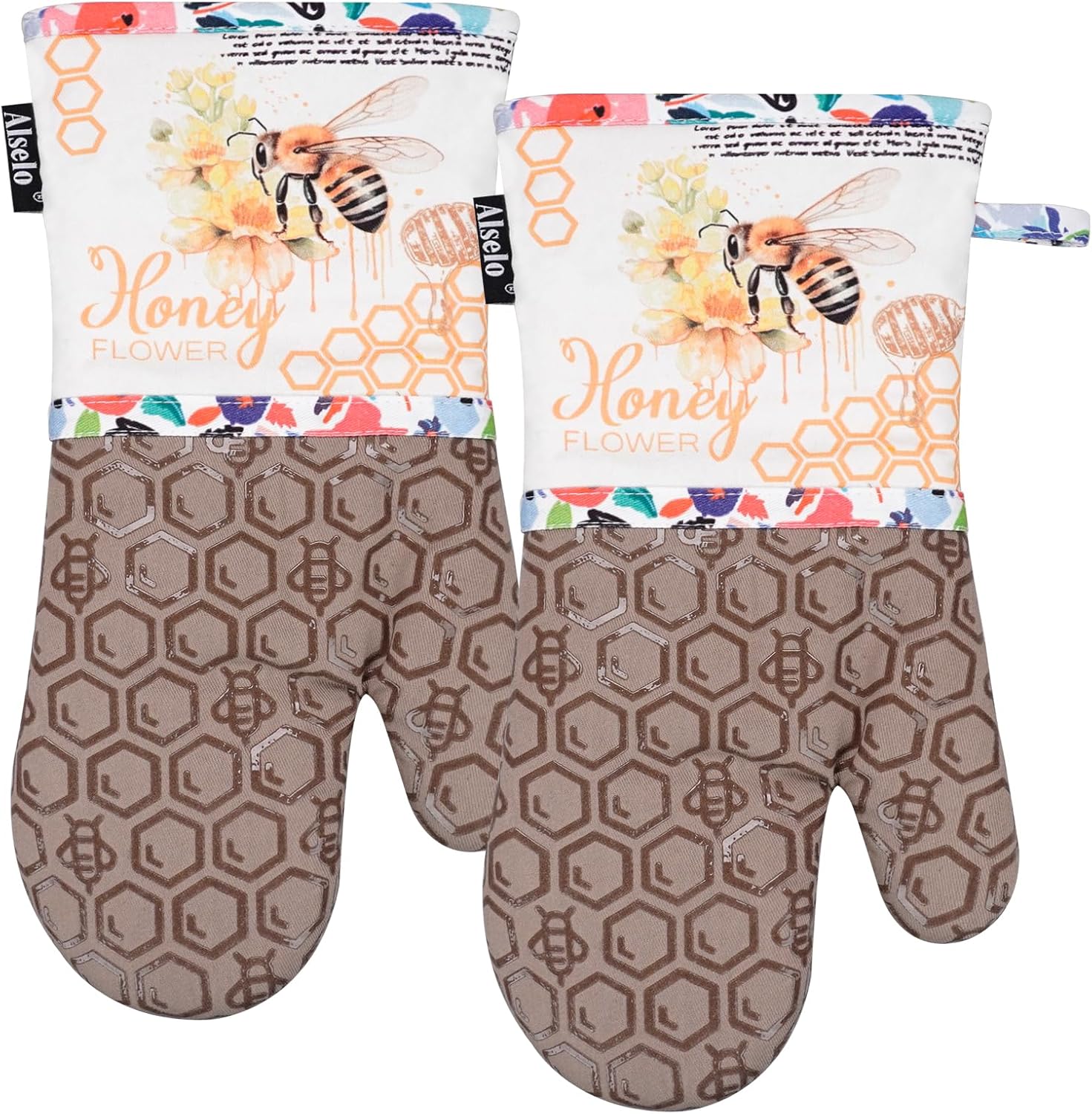 Alselo Oven Mitts Set of 2 with Soft Cotton Lining Khaki Bee Design