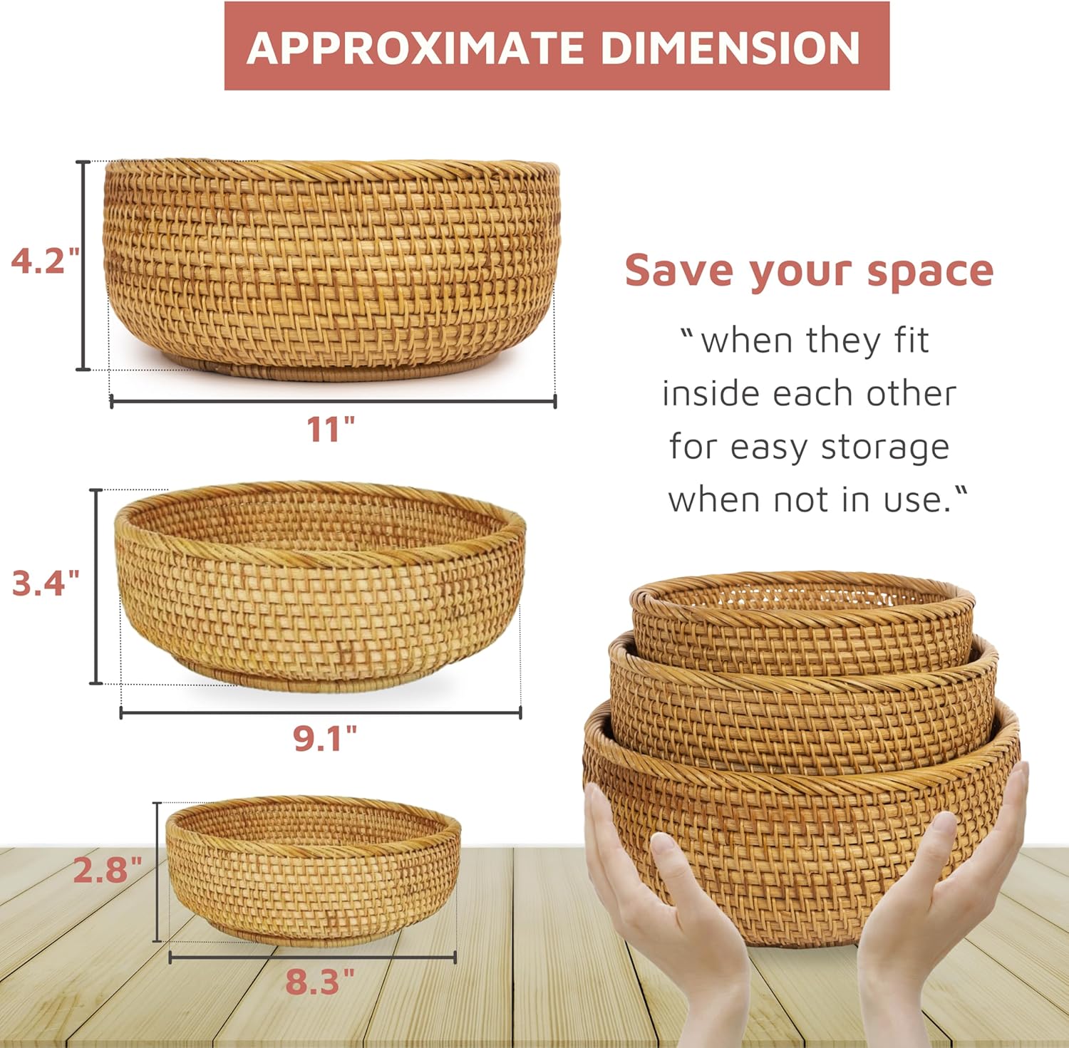CLAYNIX Set of 3 Stackable Rattan Fruit Baskets