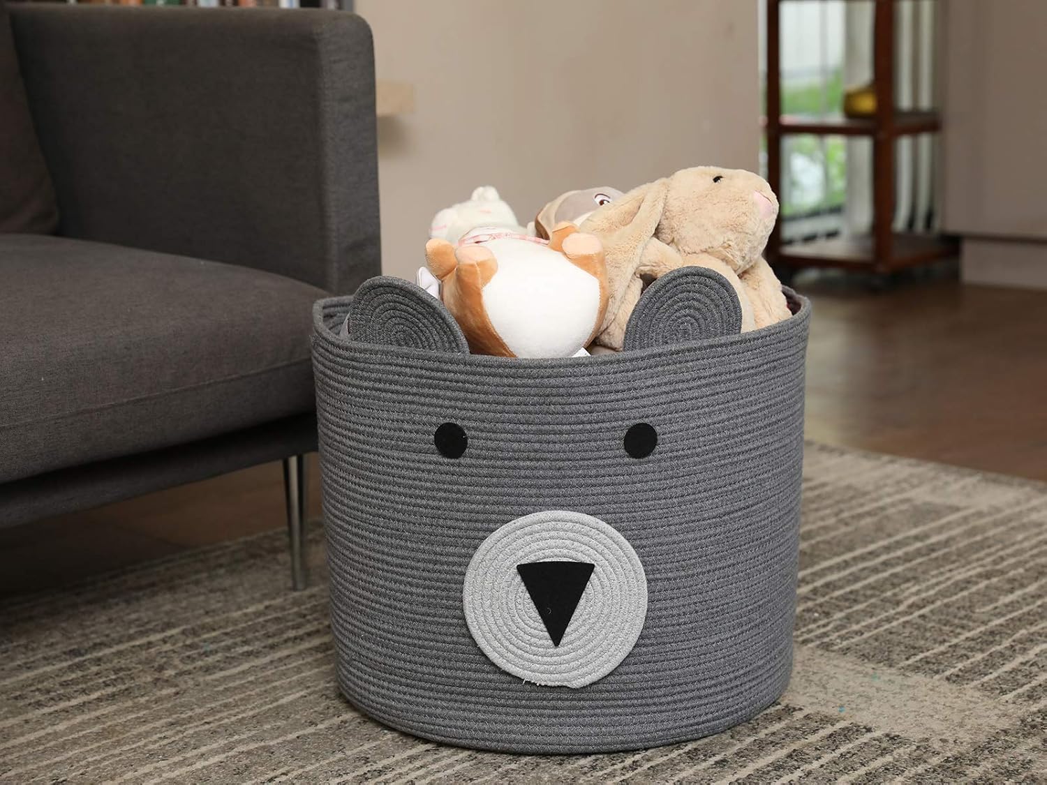 Bear Basket Large Cotton Rope Storage Basket - Grey 18x15