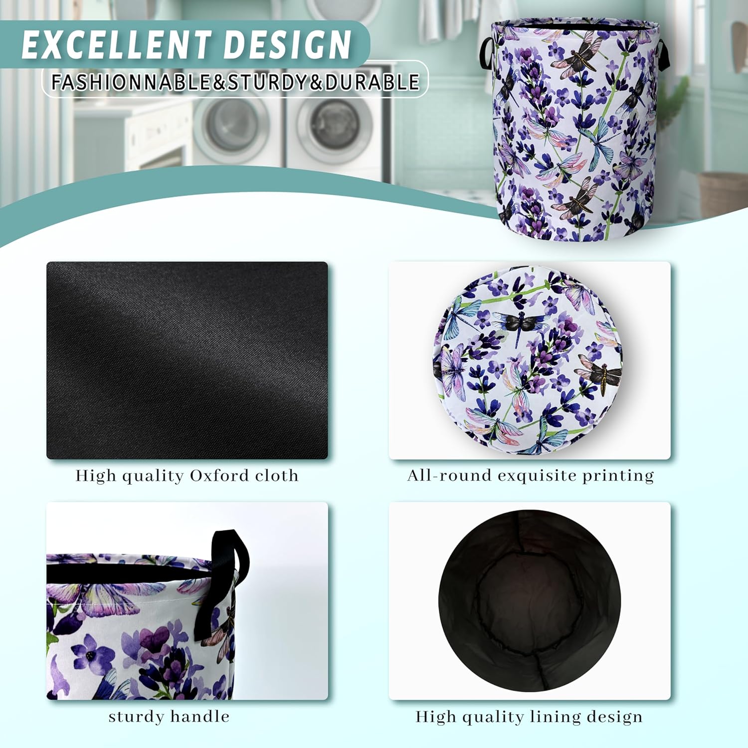 Dragonfly Foldable Laundry Basket with Handles Purple Floral Tote