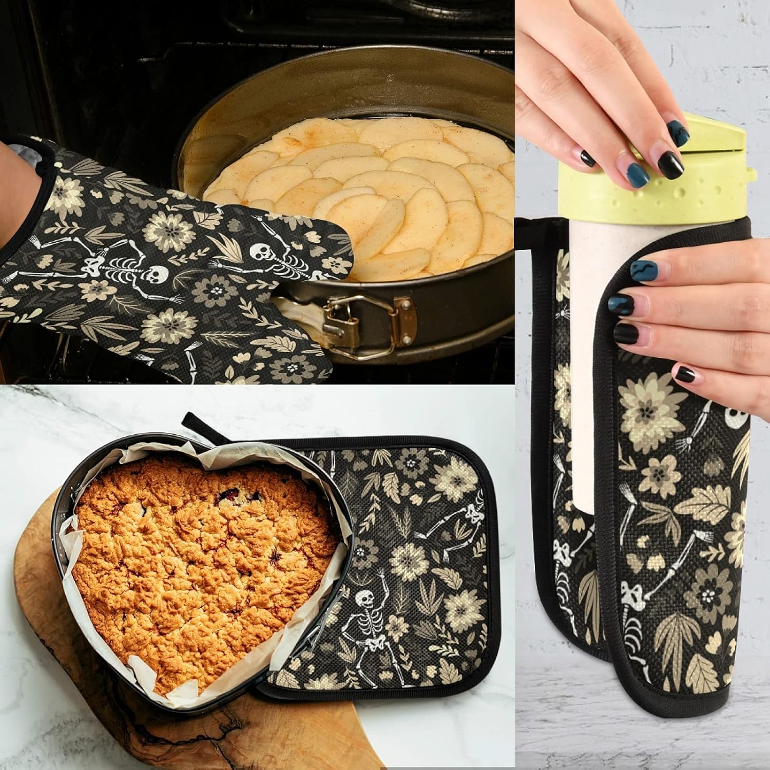 Poeticcity Halloween Sugar Skull Oven Mitts Set Heat Resistant Kitchen Gloves and Potholders