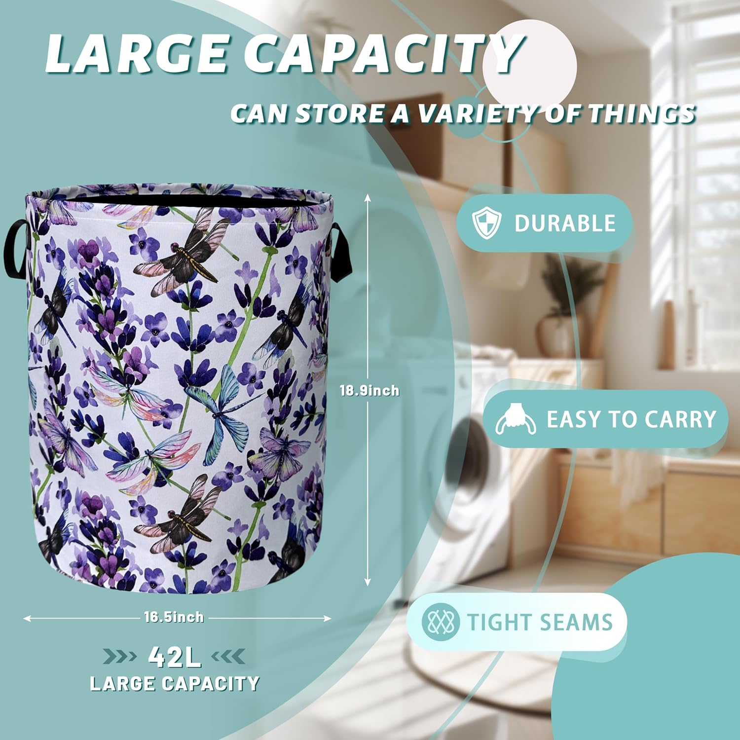 Dragonfly Foldable Laundry Basket with Handles Purple Floral Tote