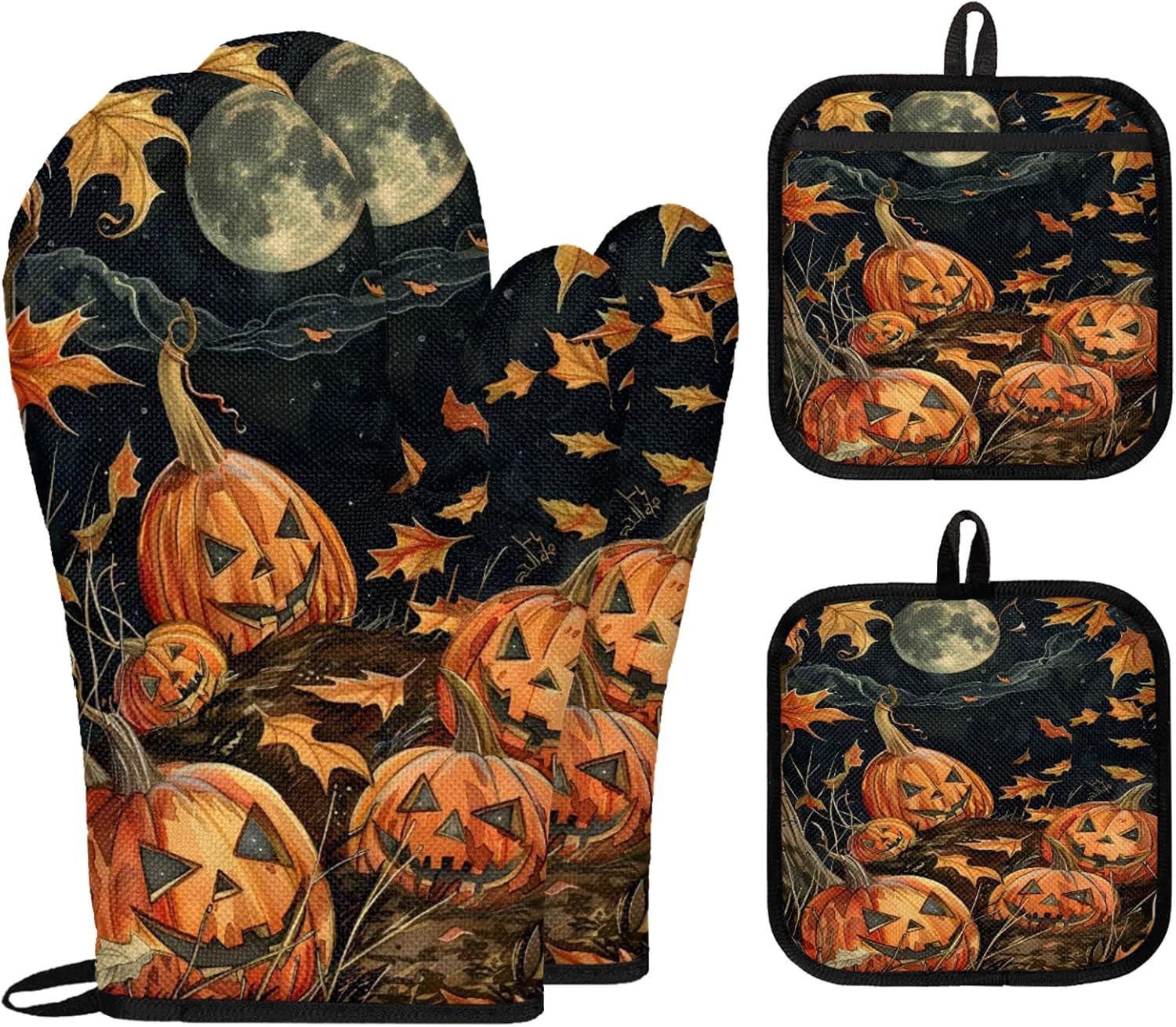 TropicalLife Halloween Pumpkin Oven Mitts 4Pcs Set
