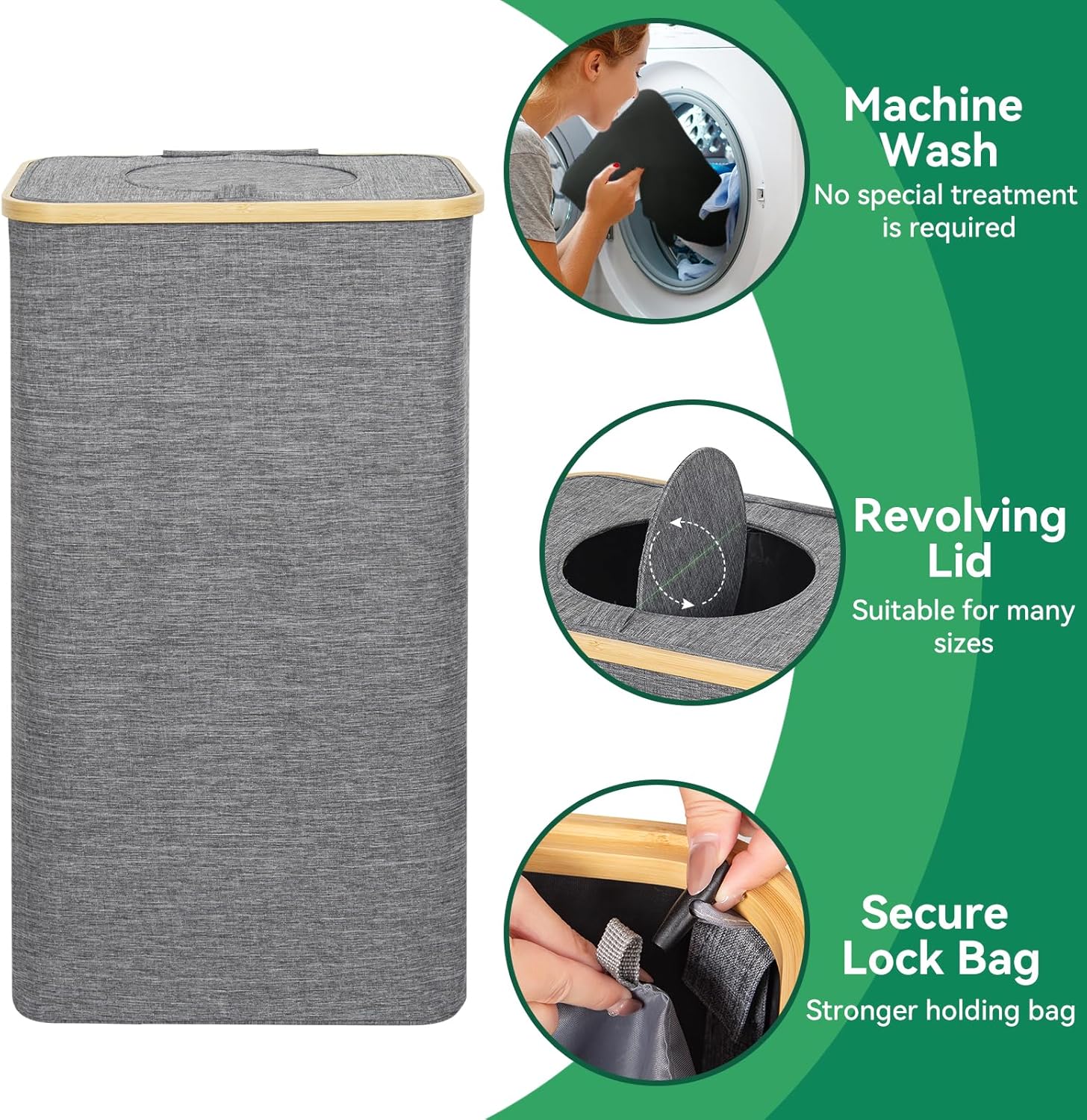 Chrislley 100L Laundry Basket with Foldable Lid and Bamboo Handle