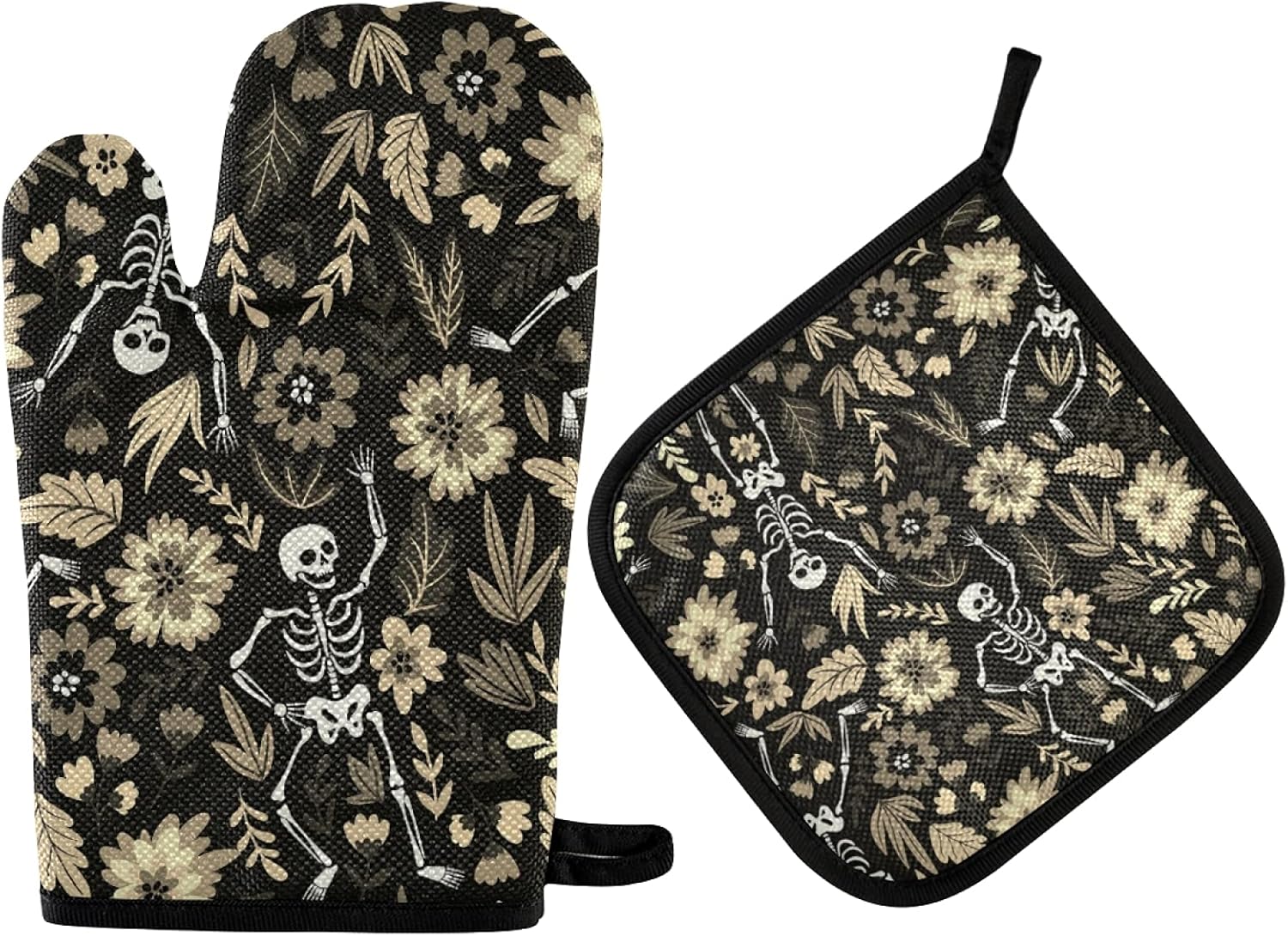Poeticcity Halloween Sugar Skull Oven Mitts Set Heat Resistant Kitchen Gloves and Potholders