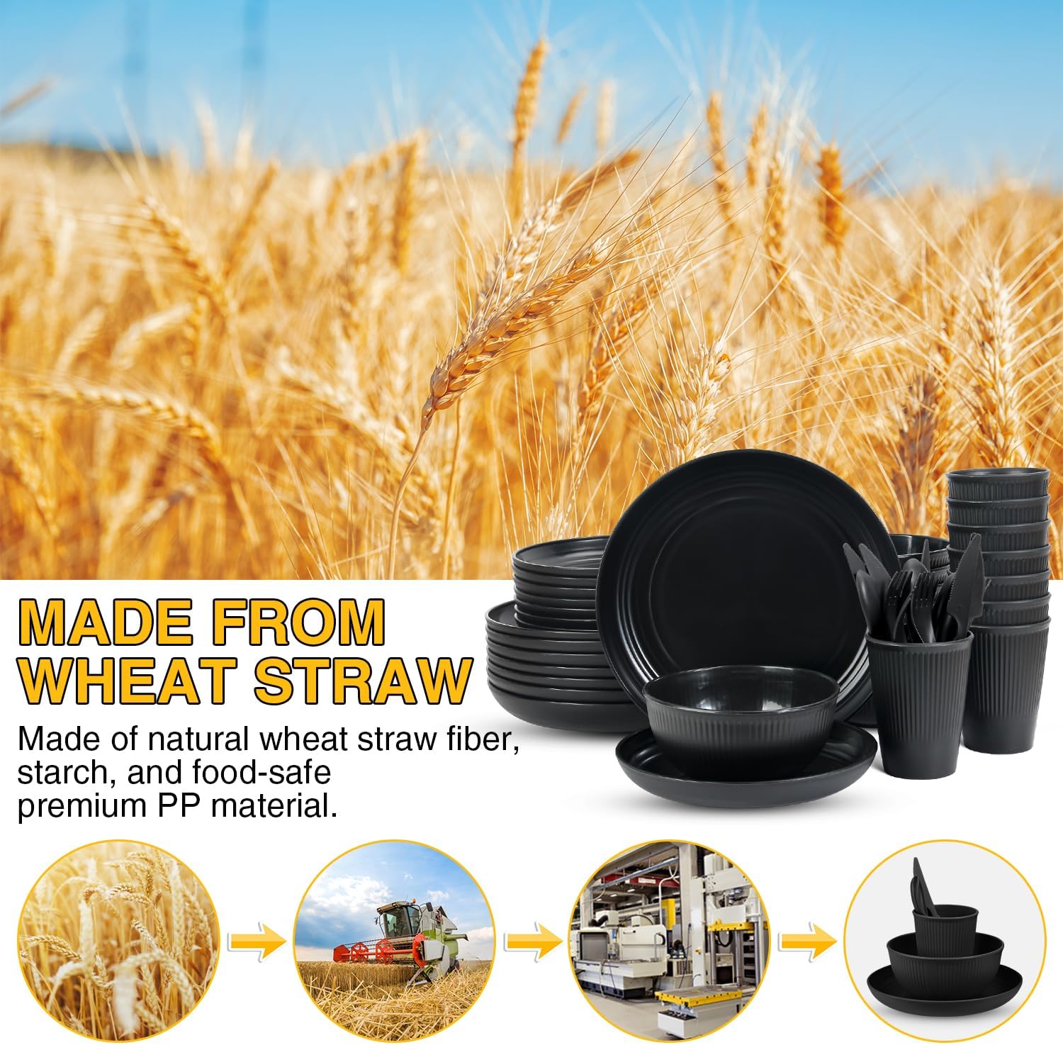 LAERJIN 56 Piece Wheat Straw Dinnerware Set Unbreakable Eco-Friendly Black