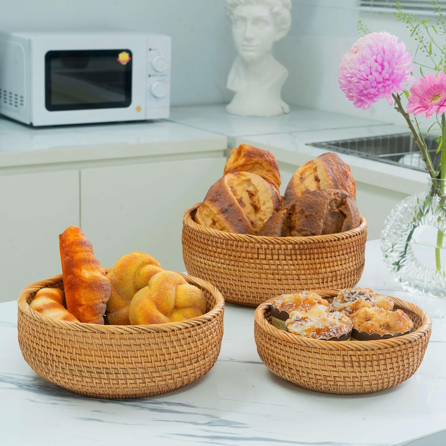 CLAYNIX Set of 3 Stackable Rattan Fruit Baskets