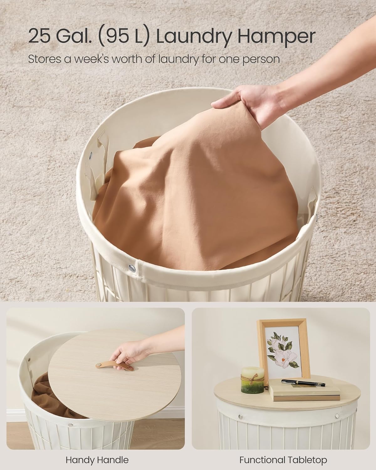 SONGMICS Laundry Hamper with Lid 25 Gallons Cream White
