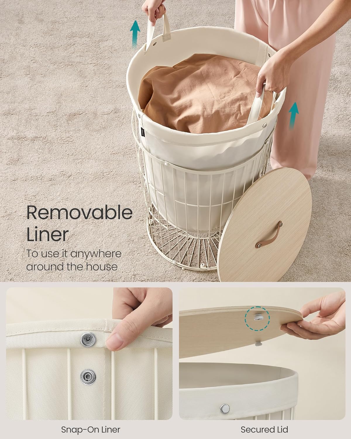 SONGMICS Laundry Hamper with Lid 25 Gallons Cream White
