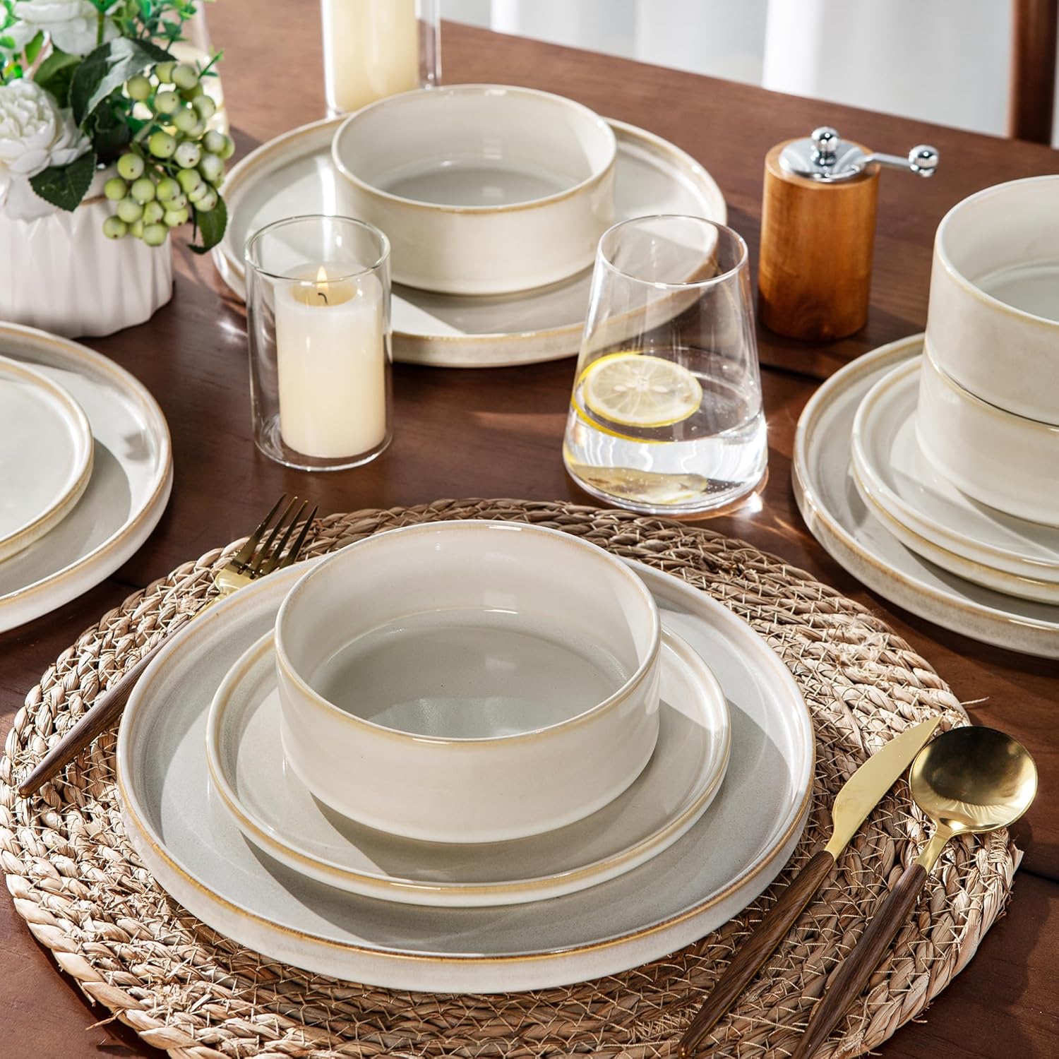 AmorArc Ceramic Dinnerware Set for 4 Unique Glazed Plates and Bowls