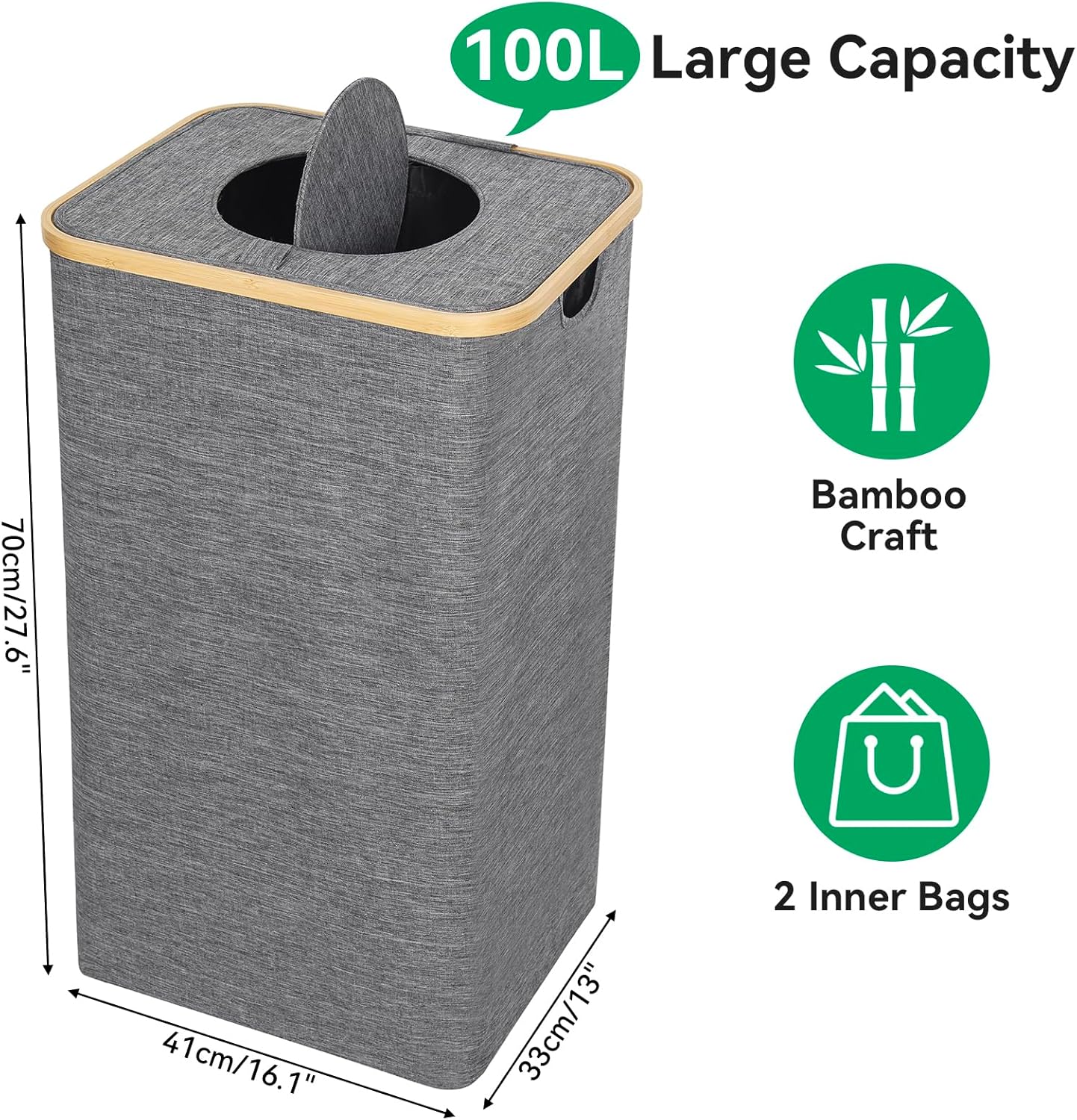 Chrislley 100L Laundry Basket with Foldable Lid and Bamboo Handle