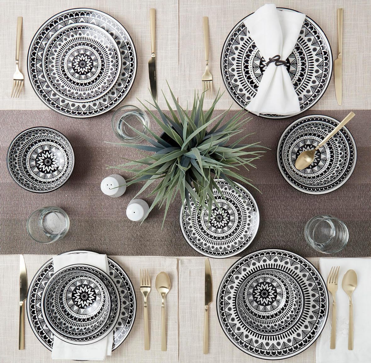 12 Piece Black Pad Print Dinnerware Set 1