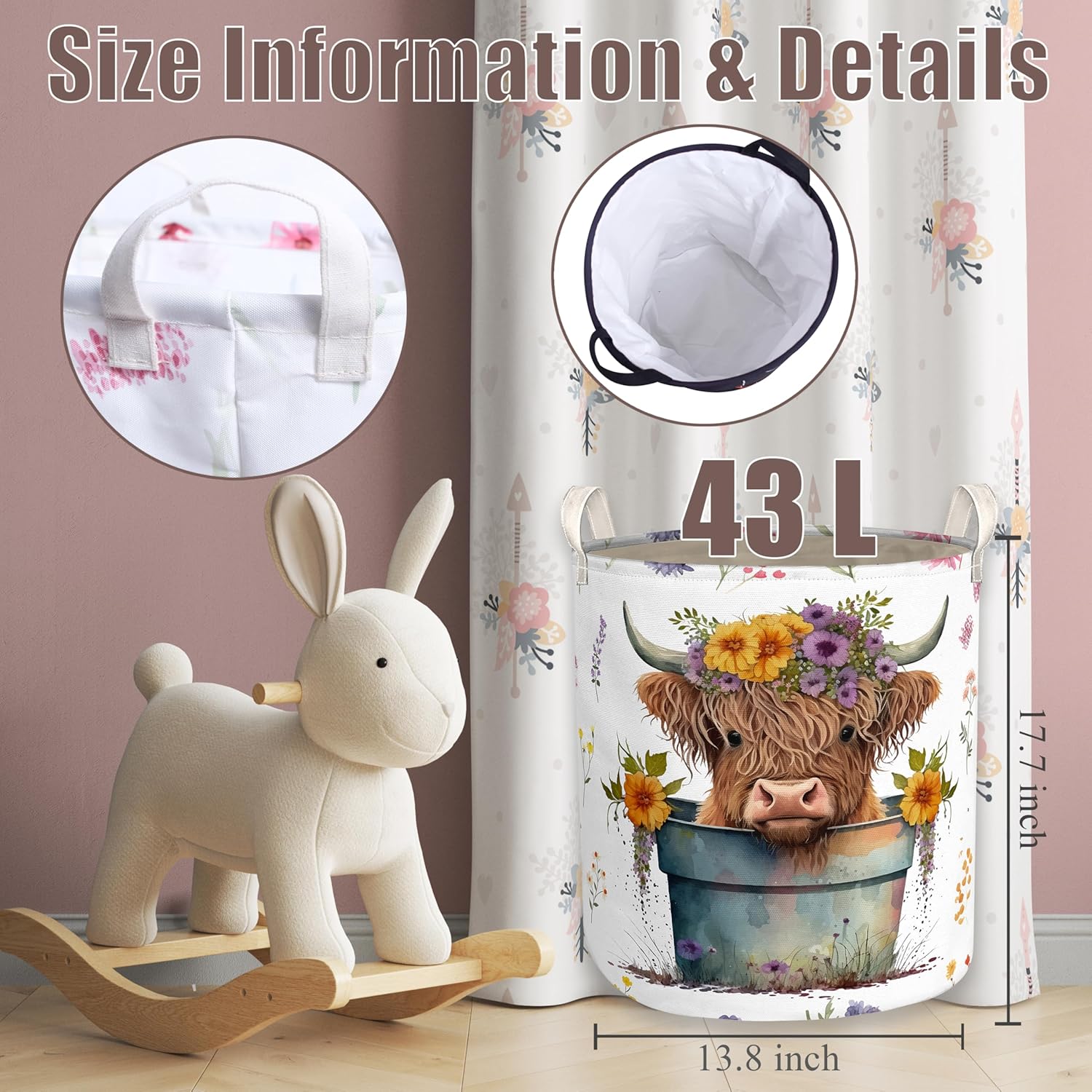 Highland Cow Laundry Basket with Lining for Kids