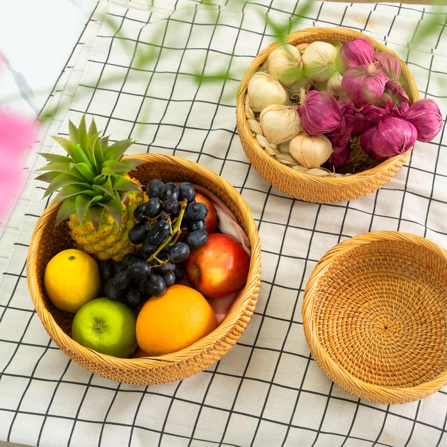 CLAYNIX Set of 3 Stackable Rattan Fruit Baskets