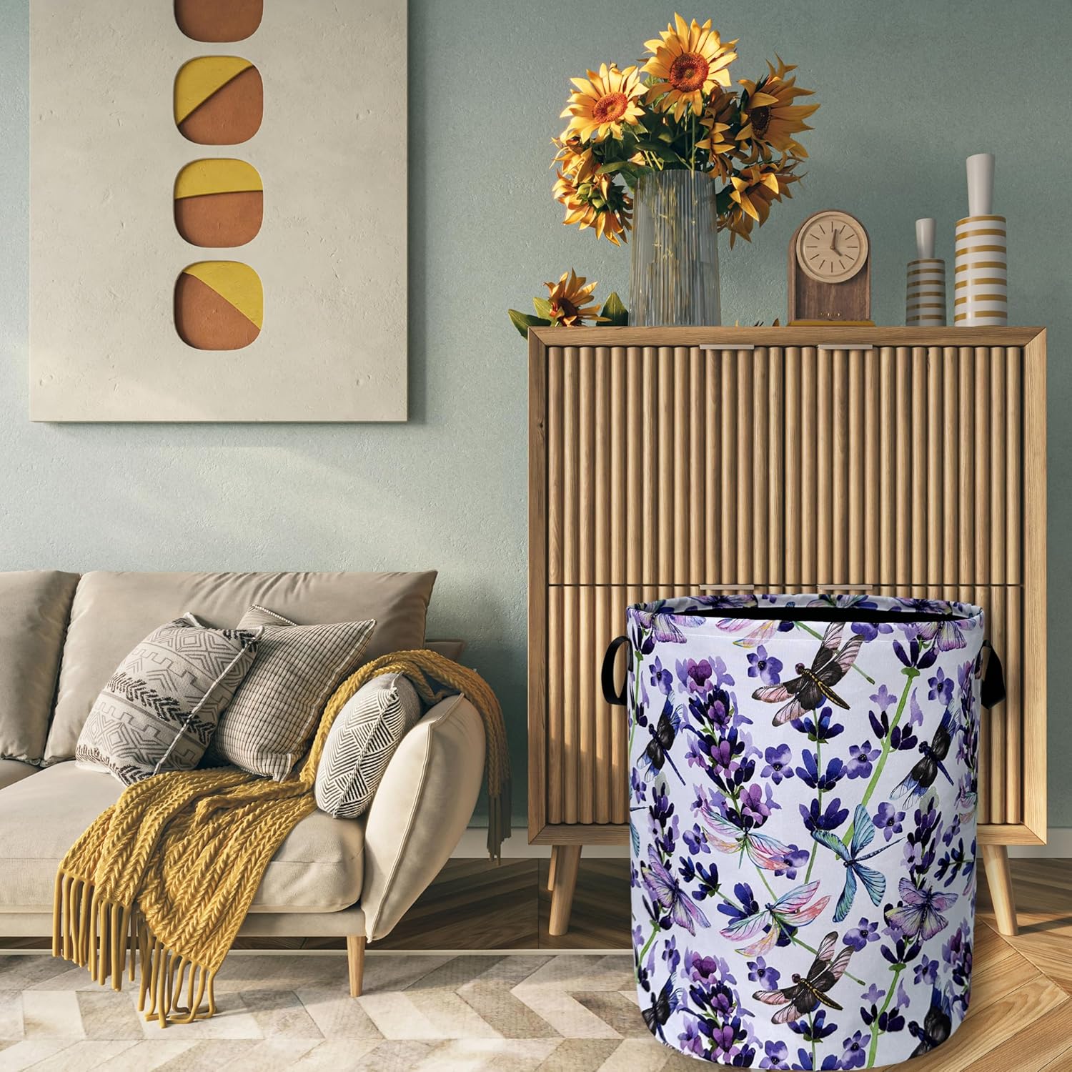 Dragonfly Foldable Laundry Basket with Handles Purple Floral Tote